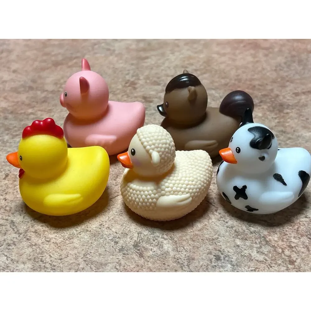 Set of 5 New Barnyard Farm Rubber Duckies Duck 2” Jeep Horse Chicken Pig Cow